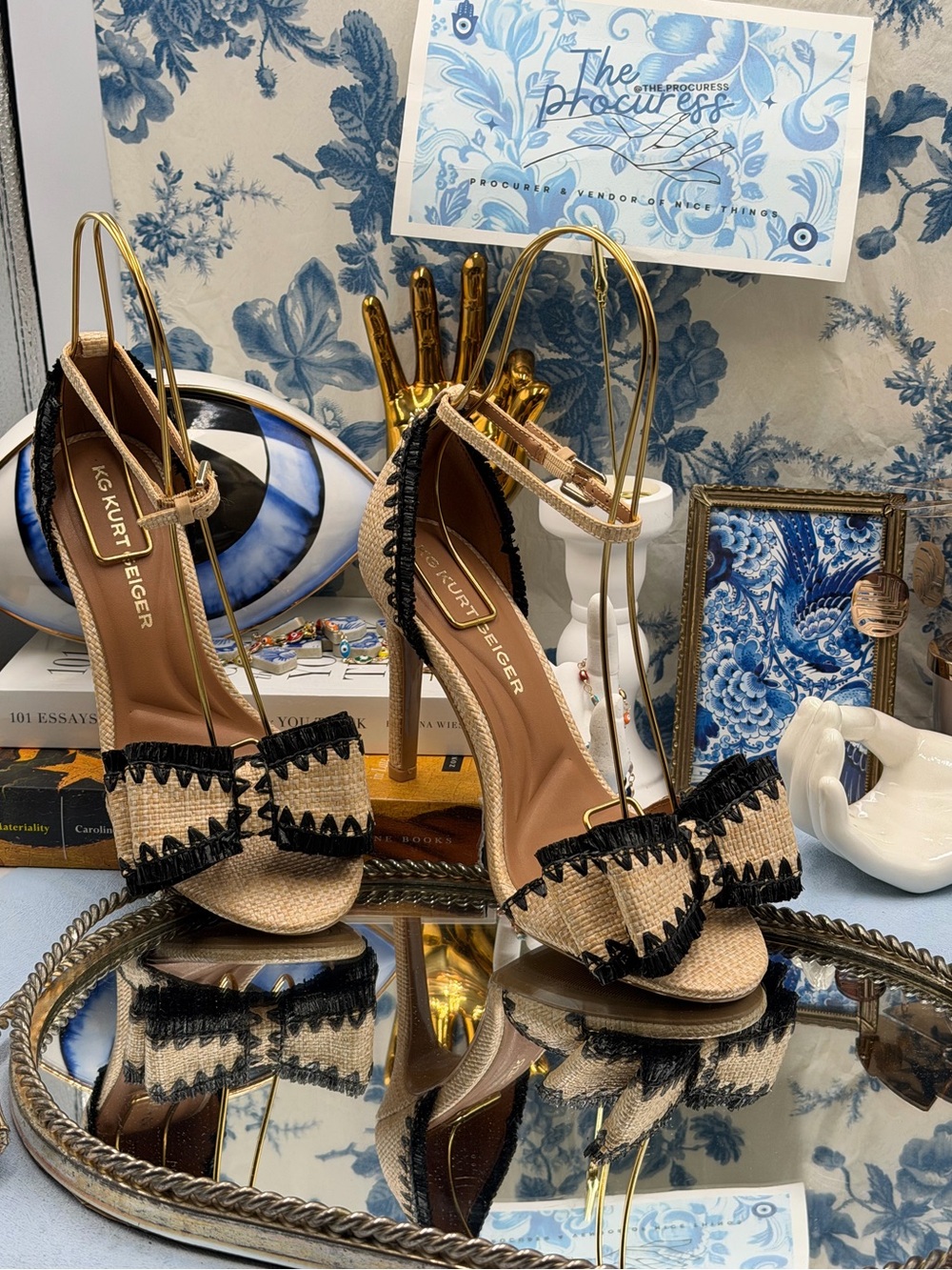 🆕 KG KURT GEIGER 🧿 NWOB Robbie Bow-Embellished Raffia High Heel, Sz 37 US 7 - Picture 4 of 15